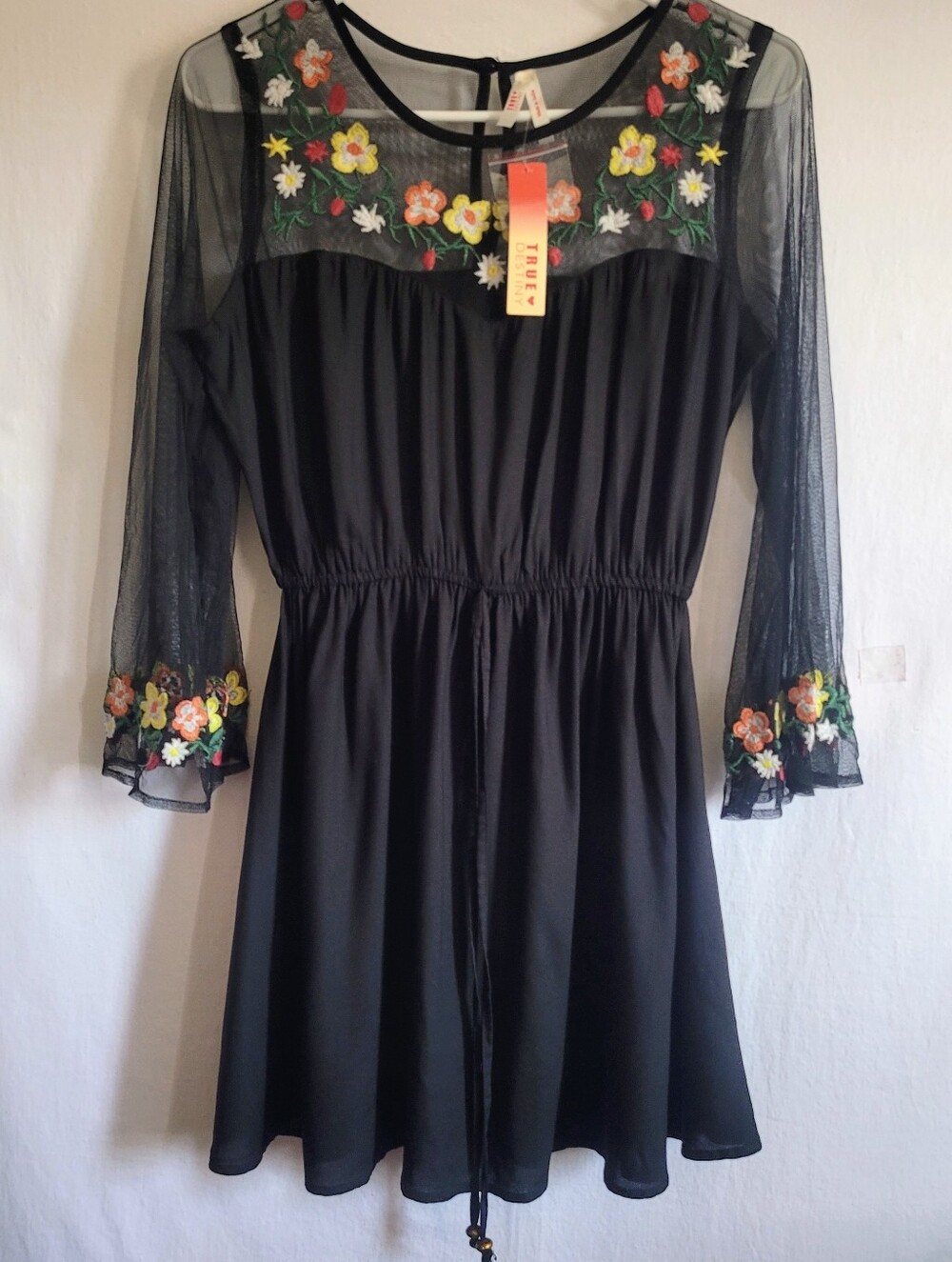 True Destiny..  Black Floral Embroidered Mesh Dress, Sleeve Boho Mini Dress.